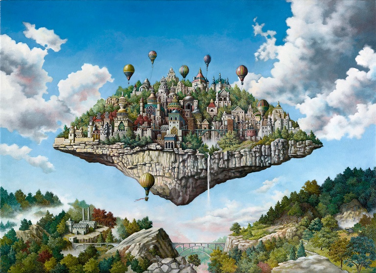 Balloon Island - Imaginative Realism Painting by Figurative Artist Howard Fox